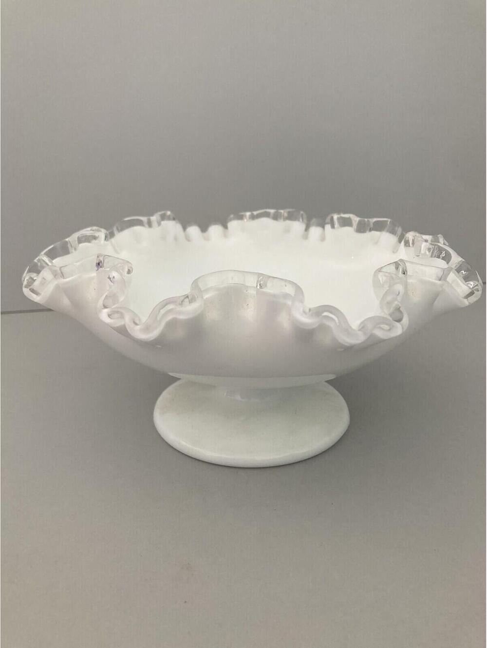Vintage Fenton 1942 White Milk Glass Silver Double Crested Bowl/Decor